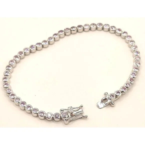 Silver Tone Tennis Bracelet With Pink CZ Stones & Secure Clasp - Picture 1 of 11
